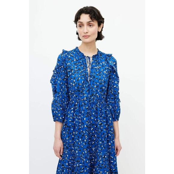 ULLA JOHNSON Women’s Size 2 Silk Blue & Multicolour Floral Ruffled Midi Dress - Picture 5 of 10